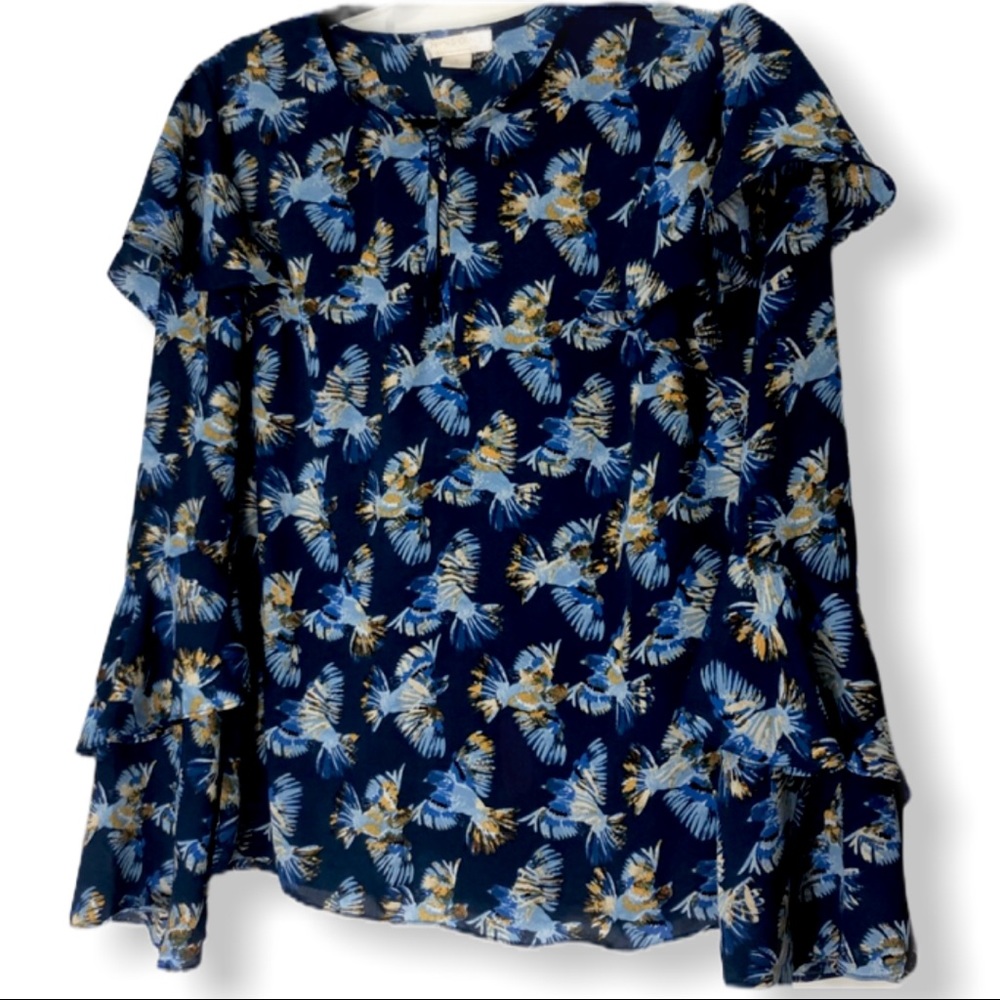 Finn & grace blue birds ruffle boho sleeve Sm top